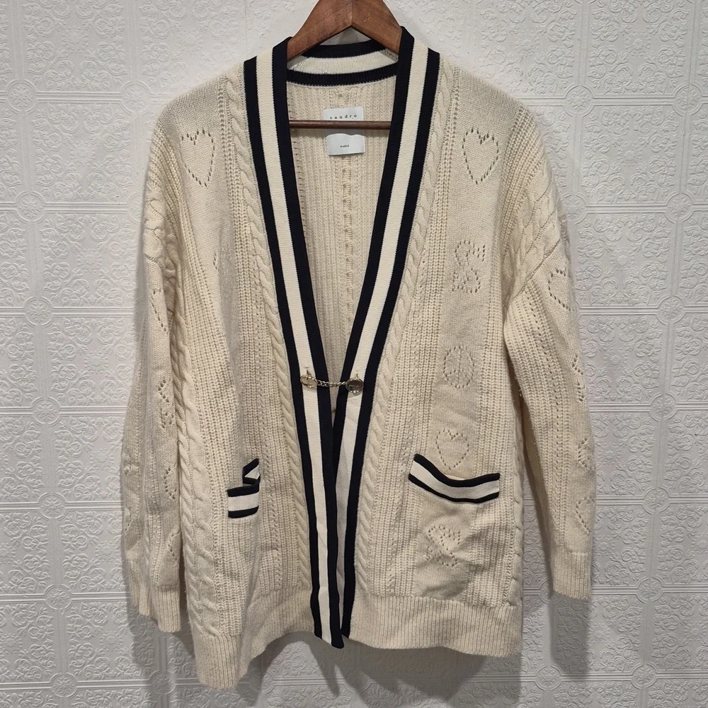 Sandro Esperance Pointelle Wool Cardigan In Ecru - Picture 16 of 16